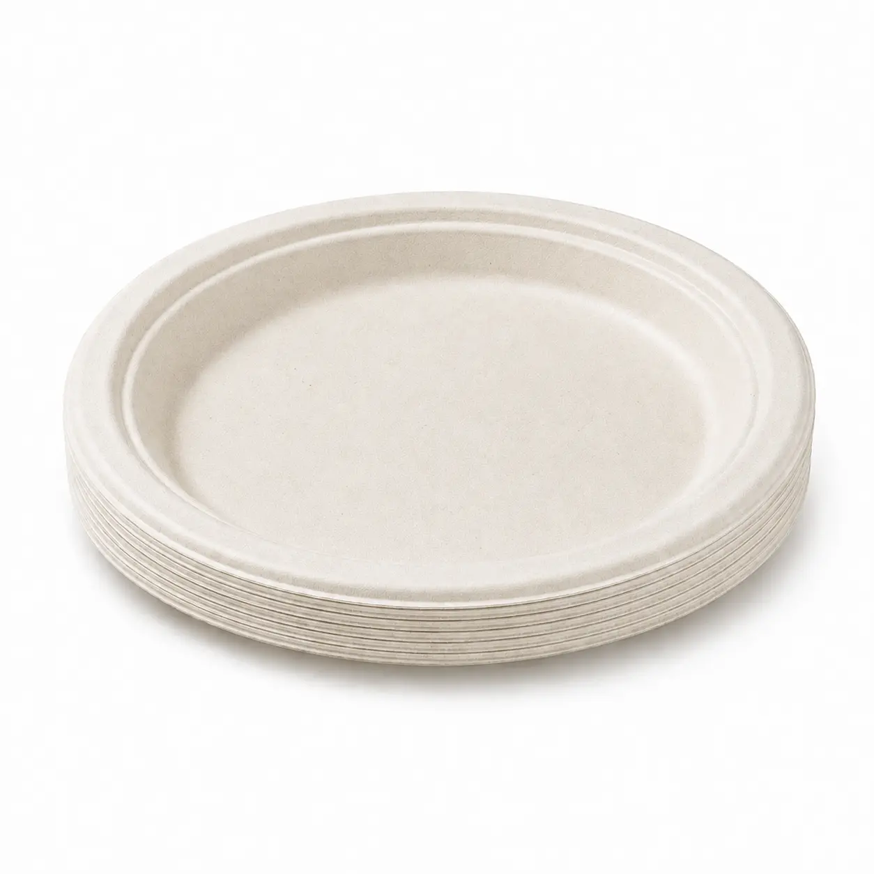 6-Inch Sugarcane Bagasse Round Plate Nested Stack Nested stack of natural-color 6-Inch Sugarcane Bagasse Round Plates showing consistent rims and compact molded fiber stacking