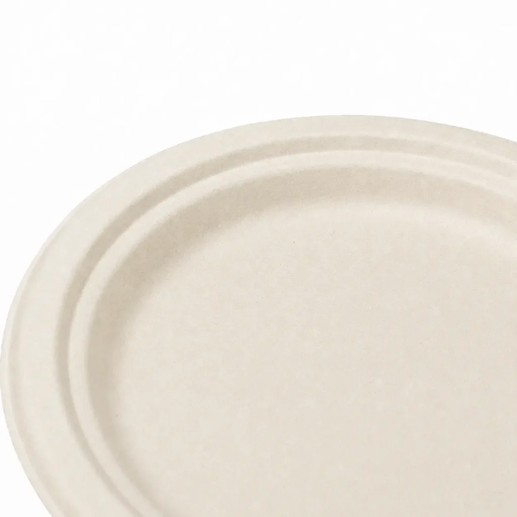 Close-up view of a natural-color 8-Inch Sugarcane Bagasse Round Plate showing its smooth serving surface, molded fiber texture, and raised circular rim