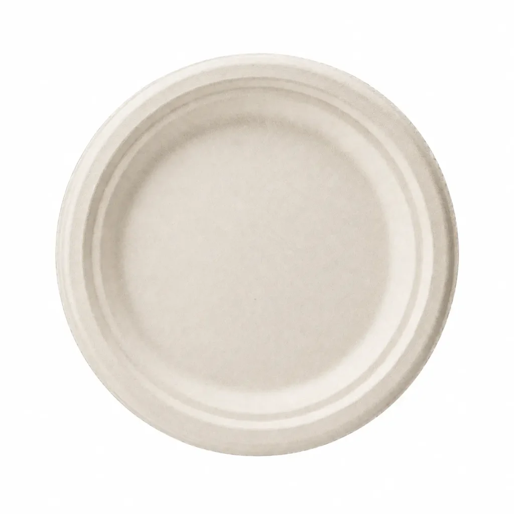 Top view of a natural-color 8-Inch Sugarcane Bagasse Round Plate showing its single-section serving area and raised circular rim