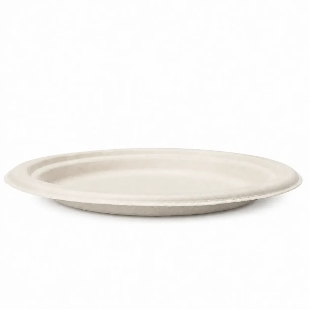 Low side view of a natural-color 8-Inch Sugarcane Bagasse Round Plate showing its shallow depth, raised rim, and molded fiber edge