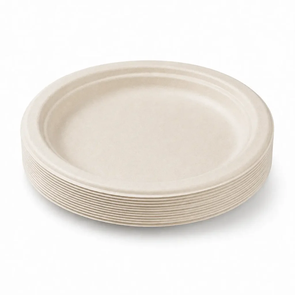Nested stack of natural-color 9-Inch Sugarcane Bagasse Round Plates showing aligned rims and compact molded-fiber stacking