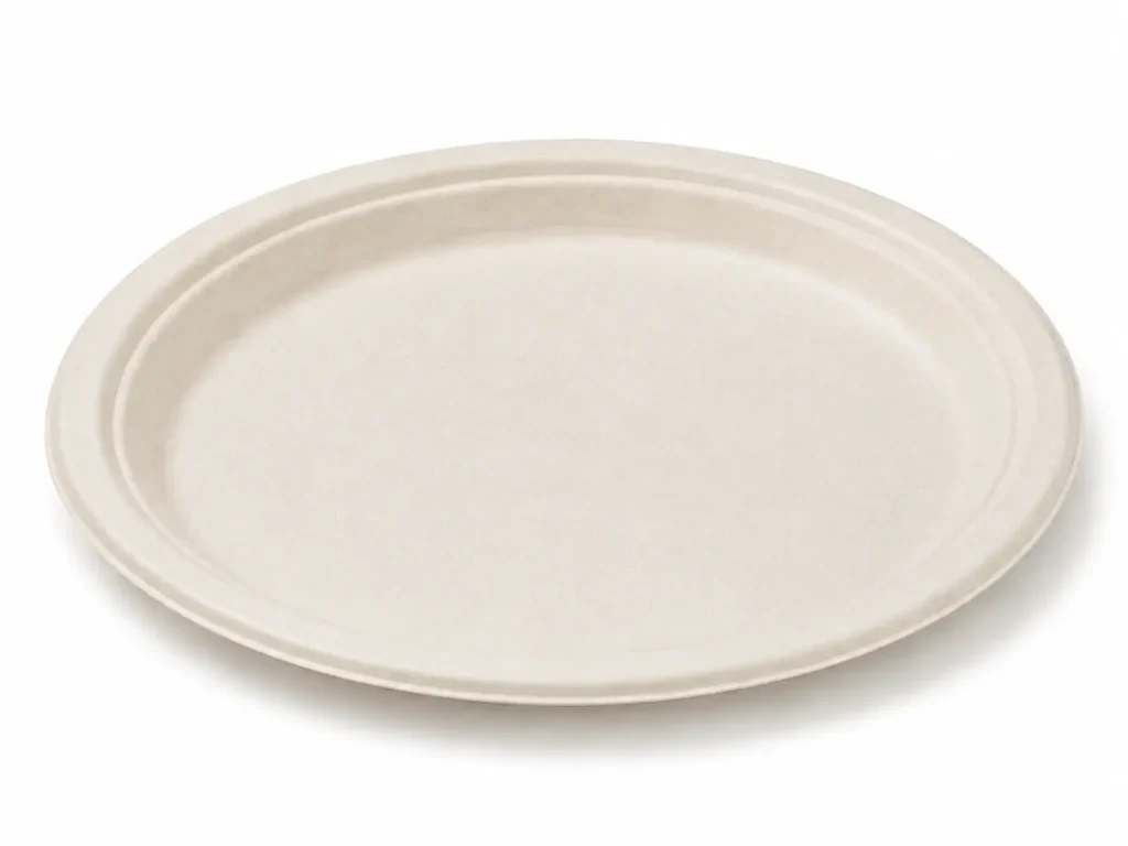 Natural-color 10-Inch Sugarcane Bagasse Round Plate on a white background showing its circular shape, broad serving area, and raised rim
