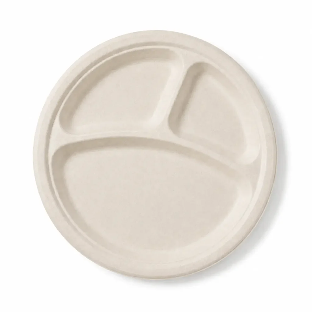Top view of a natural-color 10-Inch 3-Compartment Sugarcane Bagasse Round Plate with one large main section and two smaller serving sections