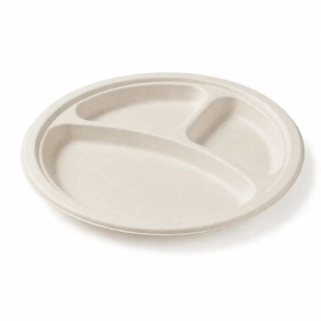 Low side view of a natural-color 10-Inch 3-Compartment Sugarcane Bagasse Round Plate showing its raised dividers, outer rim, and molded edge