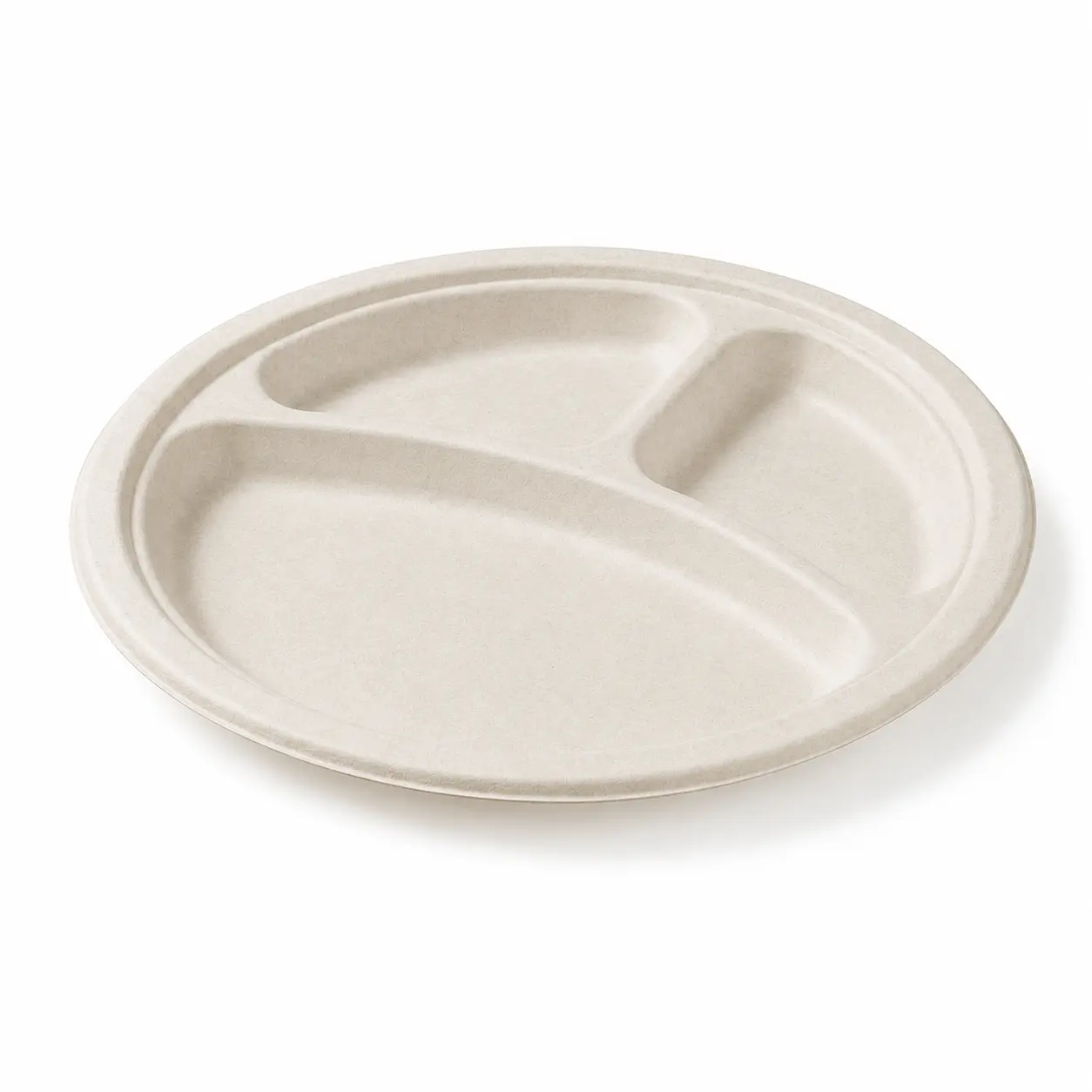 10-Inch 3-Compartment Sugarcane Bagasse Round Plate Side Profile Low side view of a natural-color 10-Inch 3-Compartment Sugarcane Bagasse Round Plate showing its raised dividers, outer rim, and molded edge