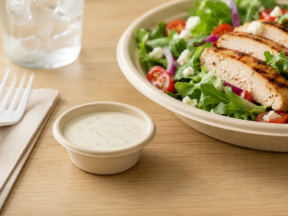 Natural-color 1oz Molded Fiber Sauce Cup filled with creamy salad dressing beside a grilled chicken salad in a molded fiber bowl