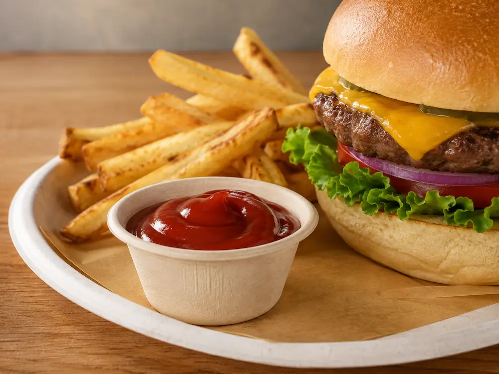 Natural-color 2oz Molded Fiber Sauce Cup filled with ketchup and served beside a cheeseburger and French fries on a molded fiber food tray