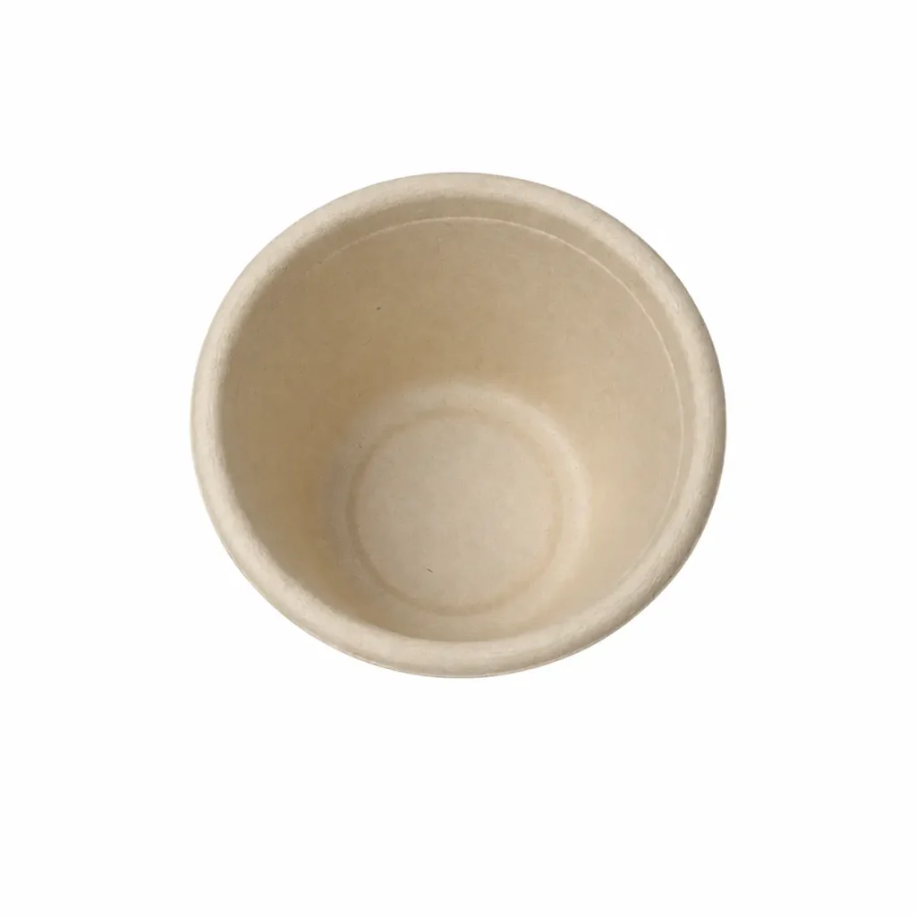 Top view of a natural-color 4oz Molded Fiber Cup showing its round opening, continuous flanged rim, smooth inner serving surface, and circular base