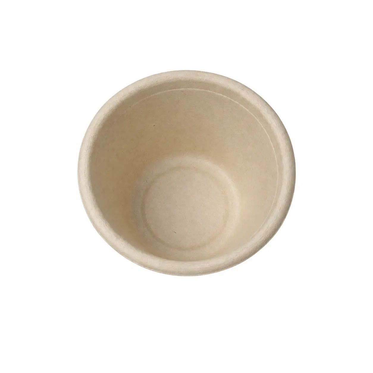 4oz Molded Fiber Cup Top View Top view of a natural-color 4oz Molded Fiber Cup showing its round opening, continuous flanged rim, smooth inner serving surface, and circular base