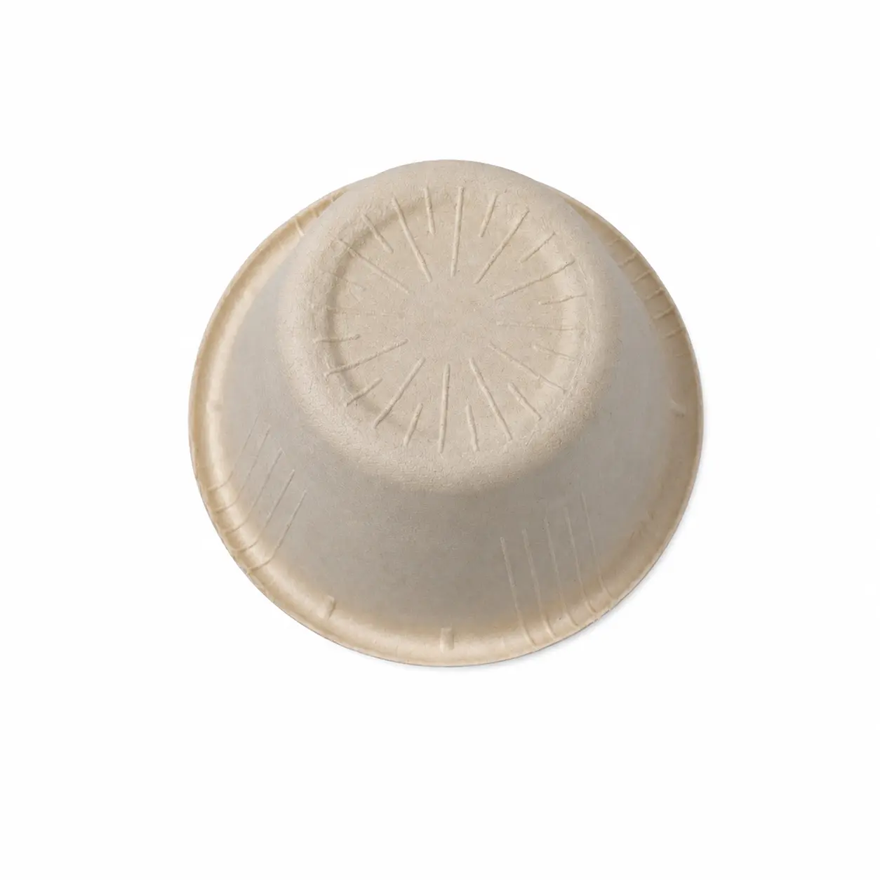 4oz Molded Fiber Cup Bottom View Bottom view of a natural-color 4oz Molded Fiber Cup showing its circular base, radial reinforcing ribs, tapered outer wall, vertical molded details, and flanged rim