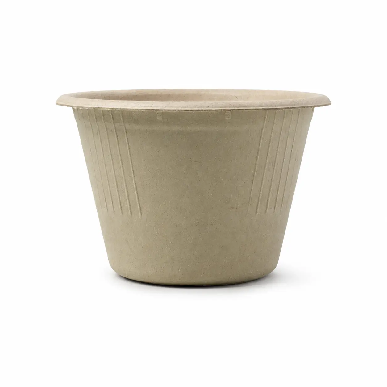 4oz Molded Fiber Cup Side View Side view of a natural-color 4oz Molded Fiber Cup showing its flanged rim, tapered body, vertical reinforcing ribs, rounded lower edge, and molded-fiber texture