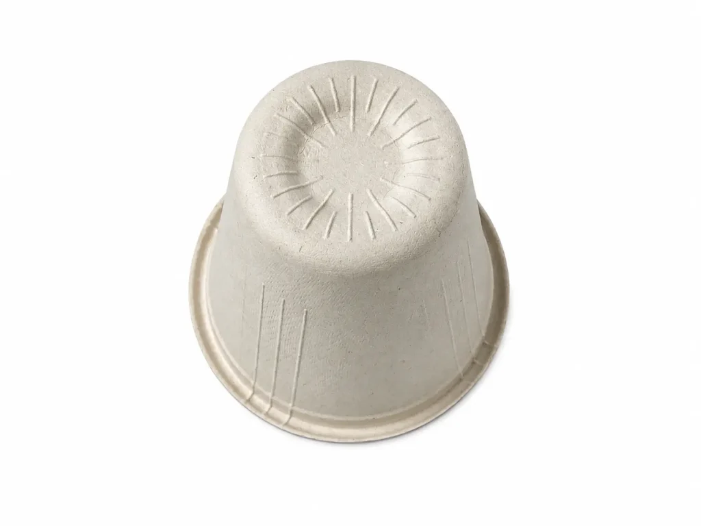 Bottom view of a natural-color 6.5oz Molded Fiber Cup showing its circular base, radial reinforcing ribs, tapered outer wall, and molded-fiber texture