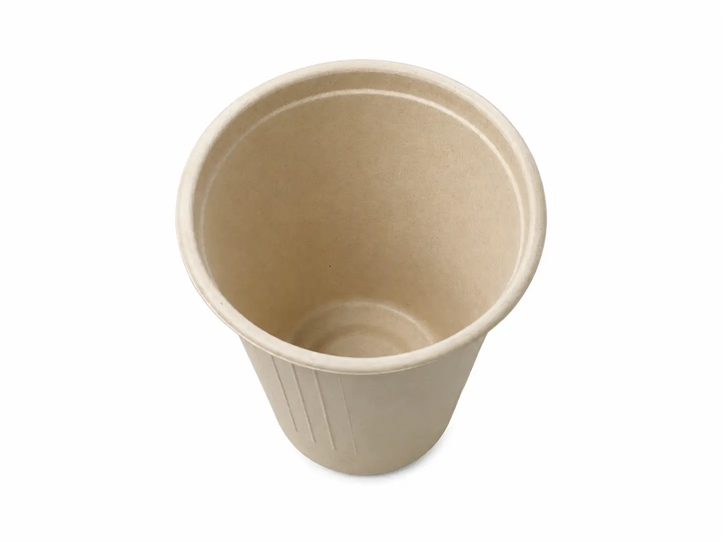 8oz Molded Fiber Cup Top View Top view of a natural-color 8oz Molded Fiber Cup showing its round opening, flanged rim, smooth inner surface, and tapered body