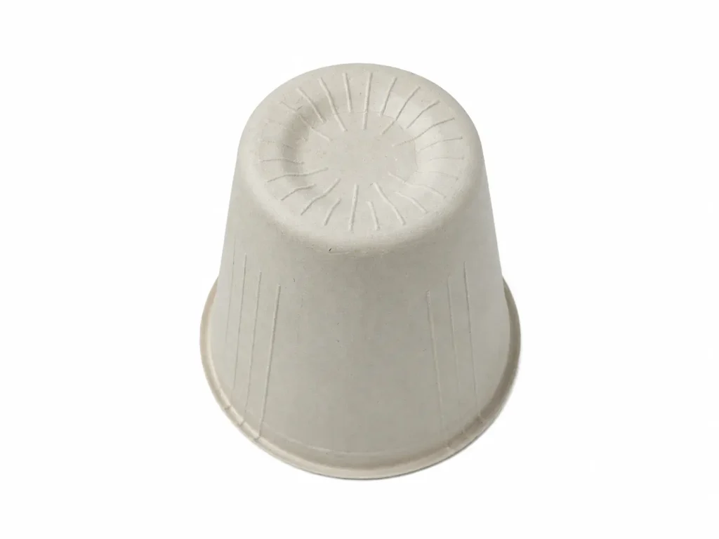 Bottom view of an 8oz Molded Fiber Cup showing its recessed circular base, radial reinforcing ribs, tapered outer wall, and molded-fiber texture