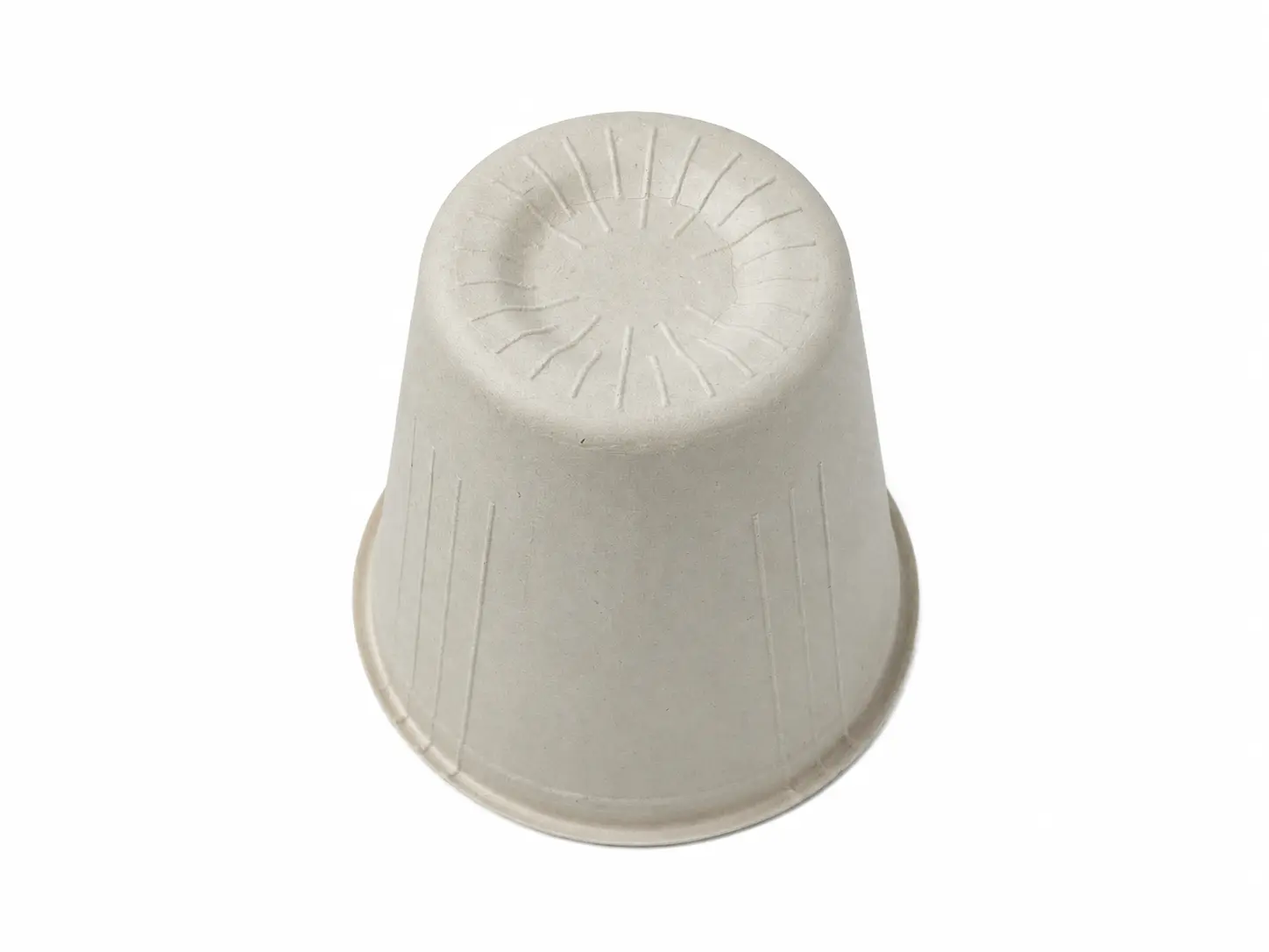 8oz Molded Fiber Cup Bottom View Bottom view of an 8oz Molded Fiber Cup showing its recessed circular base, radial reinforcing ribs, tapered outer wall, and molded-fiber texture