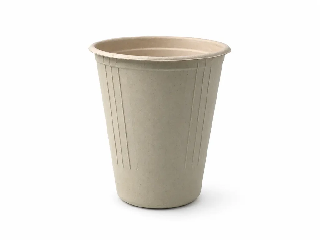 Side view of a natural-color 8oz Molded Fiber Cup showing its flanged rim, tall tapered body, vertical reinforcing ribs, and circular base