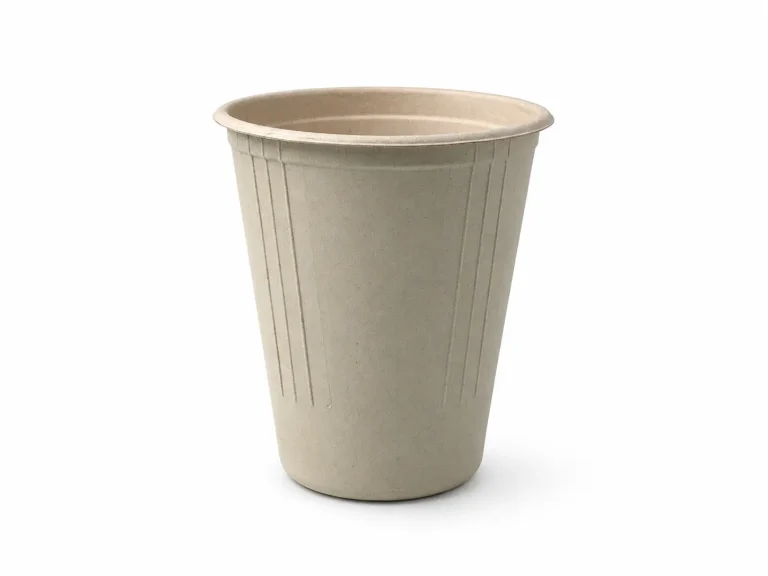 Side view of a natural-color 8oz Molded Fiber Cup showing its flanged rim, tall tapered body, vertical reinforcing ribs, and circular base