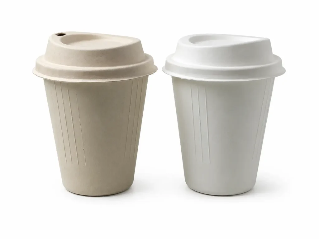 Natural and white 8oz Molded Fiber Cups displayed with matching molded fiber lid options for hot and cold beverage service
