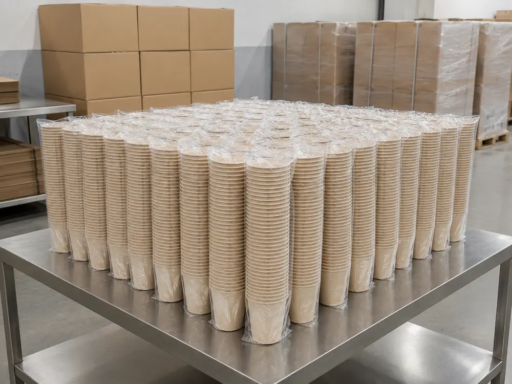 Stacks of natural-color 8oz Molded Fiber Cups individually packed in transparent PE bags on a stainless steel factory table beside unprinted cartons