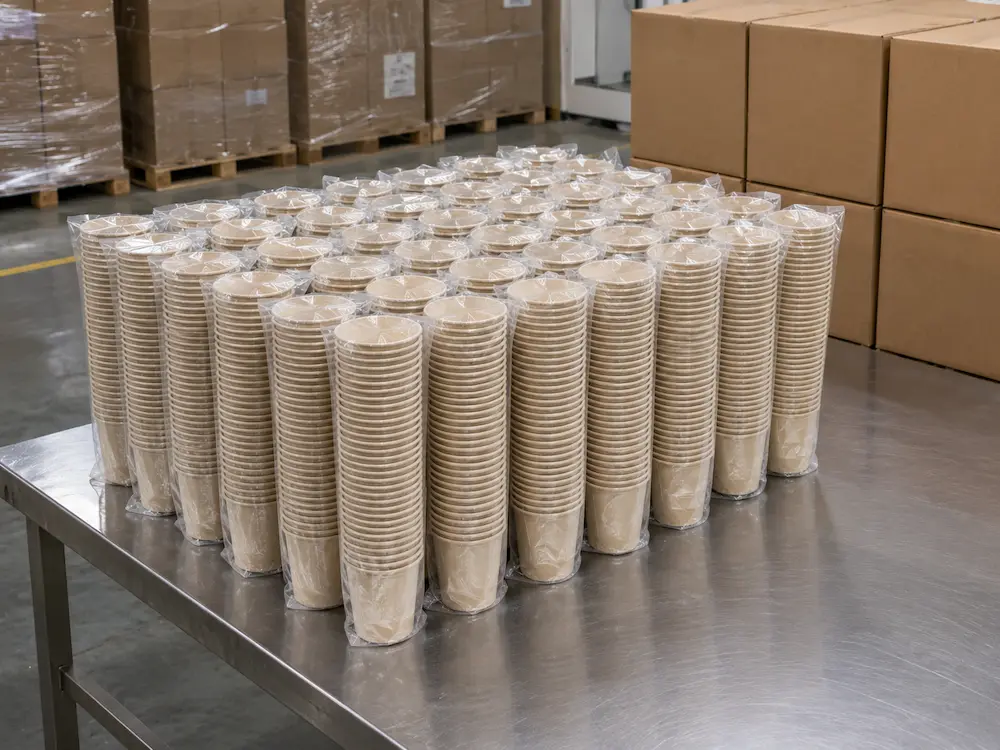 Nested 6.5oz Molded Fiber Cups packed in transparent PE bags on a stainless steel factory table beside unprinted cartons