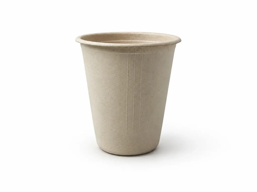Front view of a natural-color 12oz Molded Fiber Cup showing its flanged rim, tall tapered body, vertical reinforcing lines, and circular base