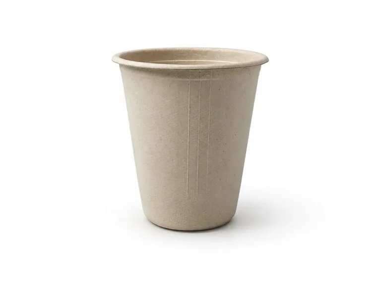 Front view of a natural-color 12oz Molded Fiber Cup showing its flanged rim, tall tapered body, vertical reinforcing lines, and circular base