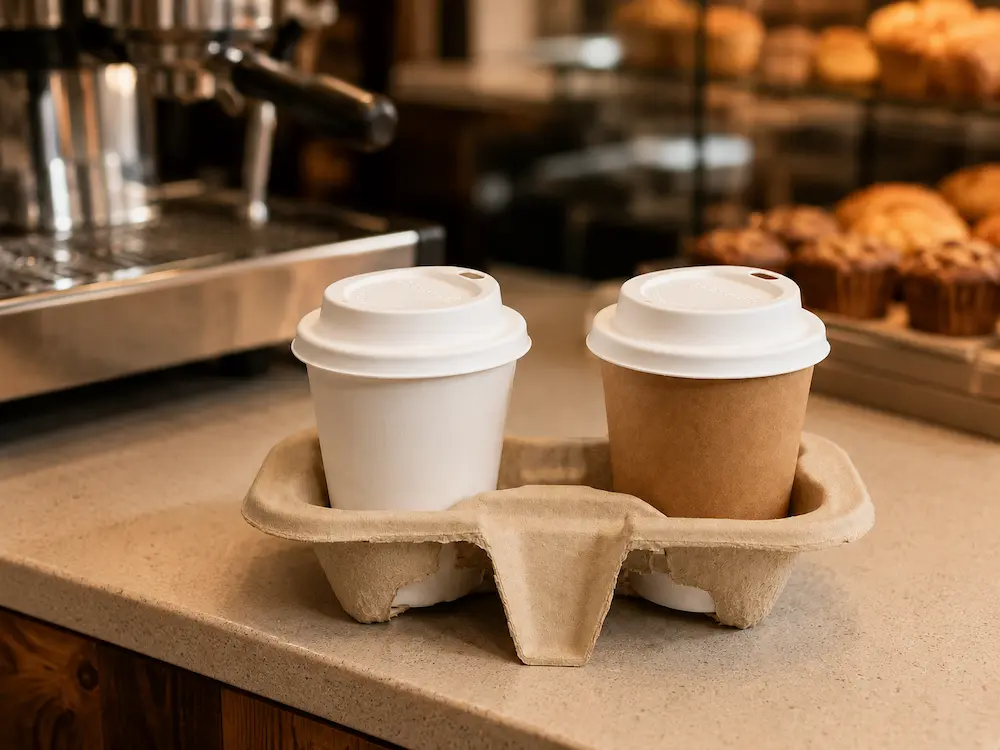 Two takeaway cups fitted with white 80mm triangle-design molded fiber hot cup lids in a molded fiber drink carrier