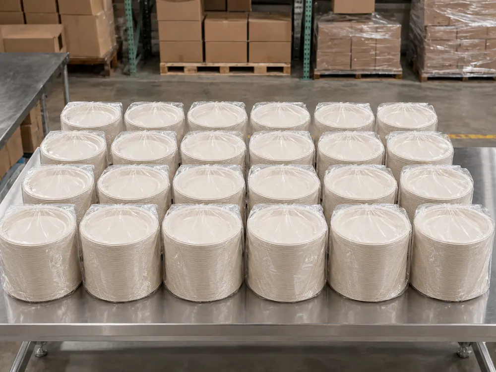 10-Inch Sugarcane Bagasse Round Plate Factory Packing