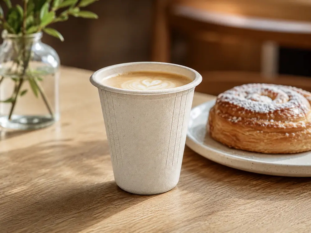 Natural-color 6.5oz Molded Fiber Cup filled with hot coffee beside a pastry on a café table
