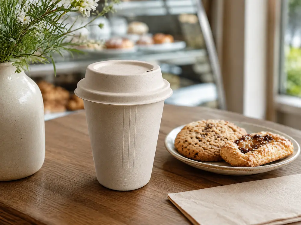 Natural-color 12oz Molded Fiber Cup fitted with an optional matching molded fiber lid in a café hot-drink service setting