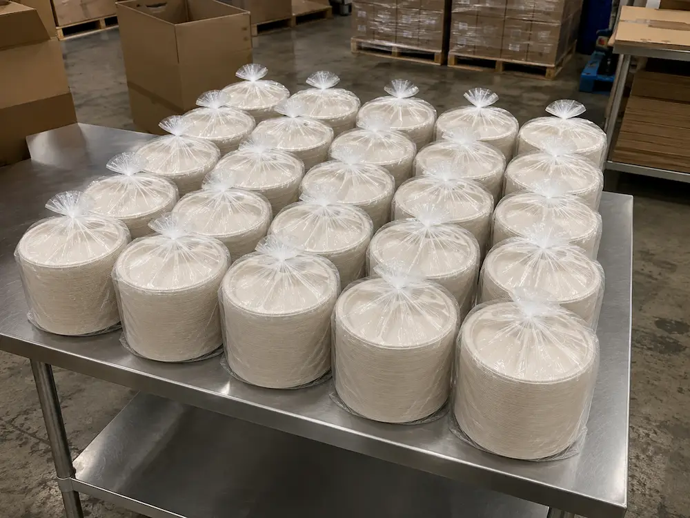 Multiple nested stacks of natural-color 10-Inch 3-Compartment Sugarcane Bagasse Round Plates individually packed in transparent PE bags on a stainless-steel factory table