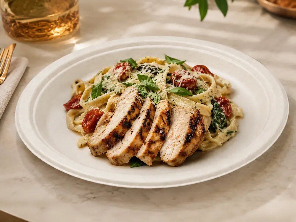 9-Inch Sugarcane Bagasse Round Plate serving pasta with sliced grilled chicken in a restaurant dining setting