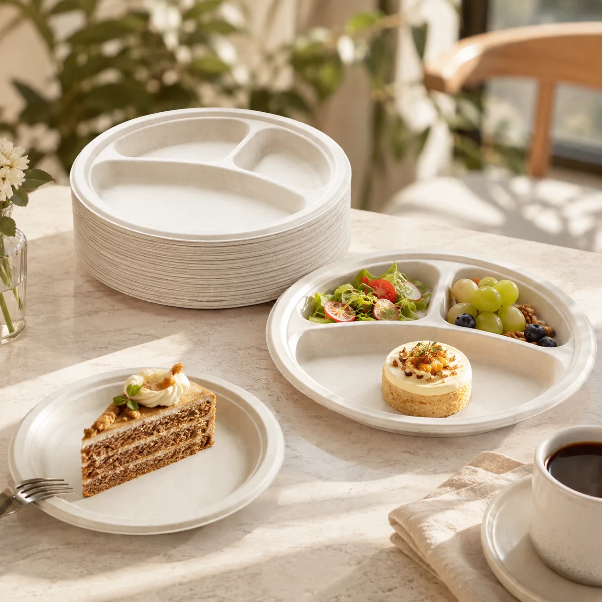 Round bagasse plates for cafes and dessert shops