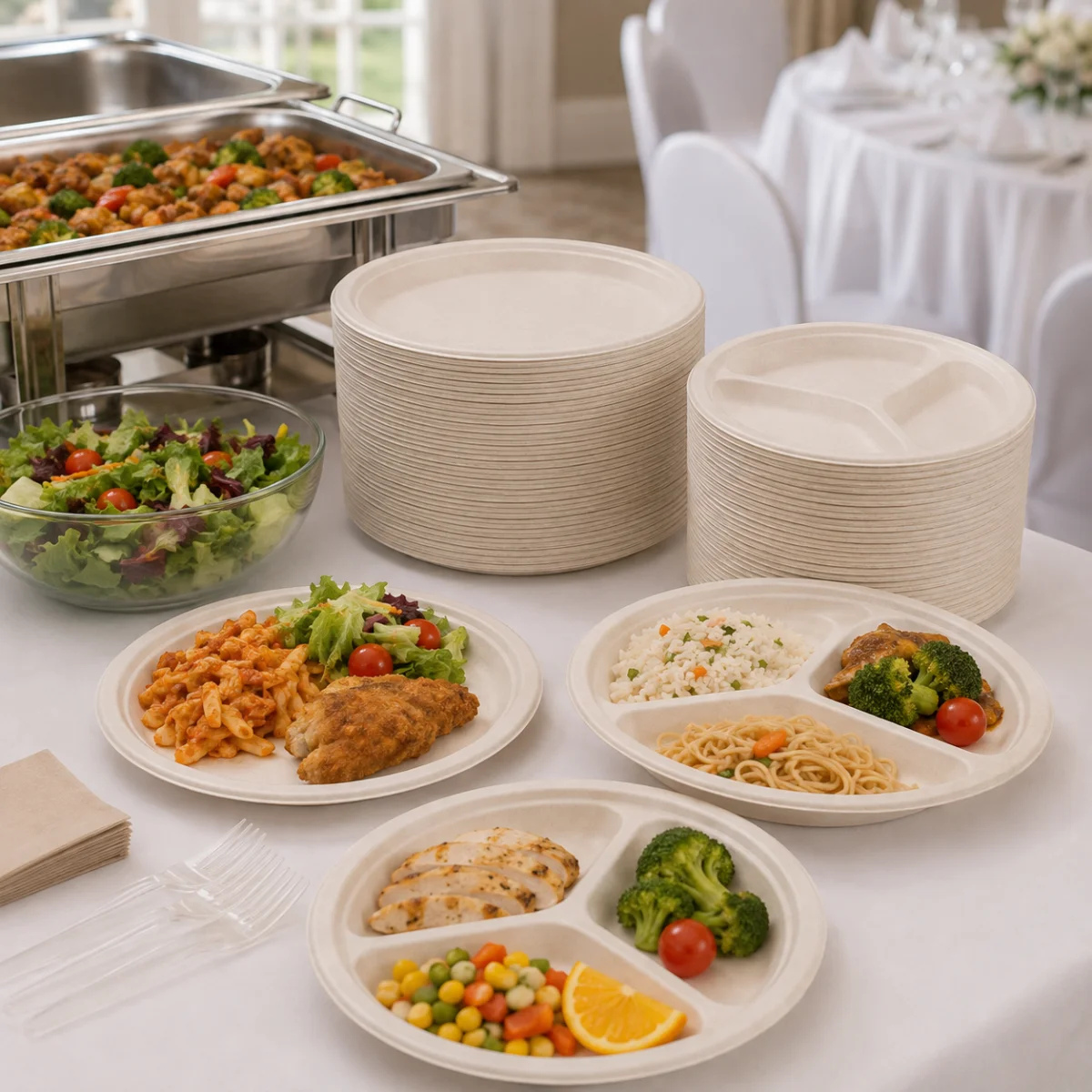Compostable round plates for catering and institutional foodservice