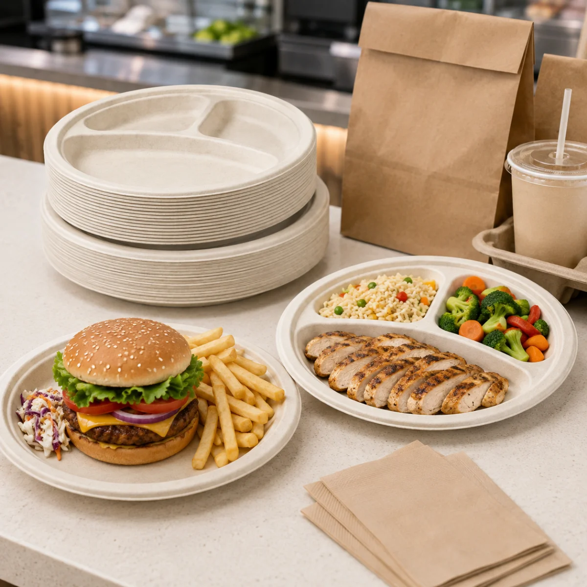 Sugarcane round plates for fast food and takeaway services