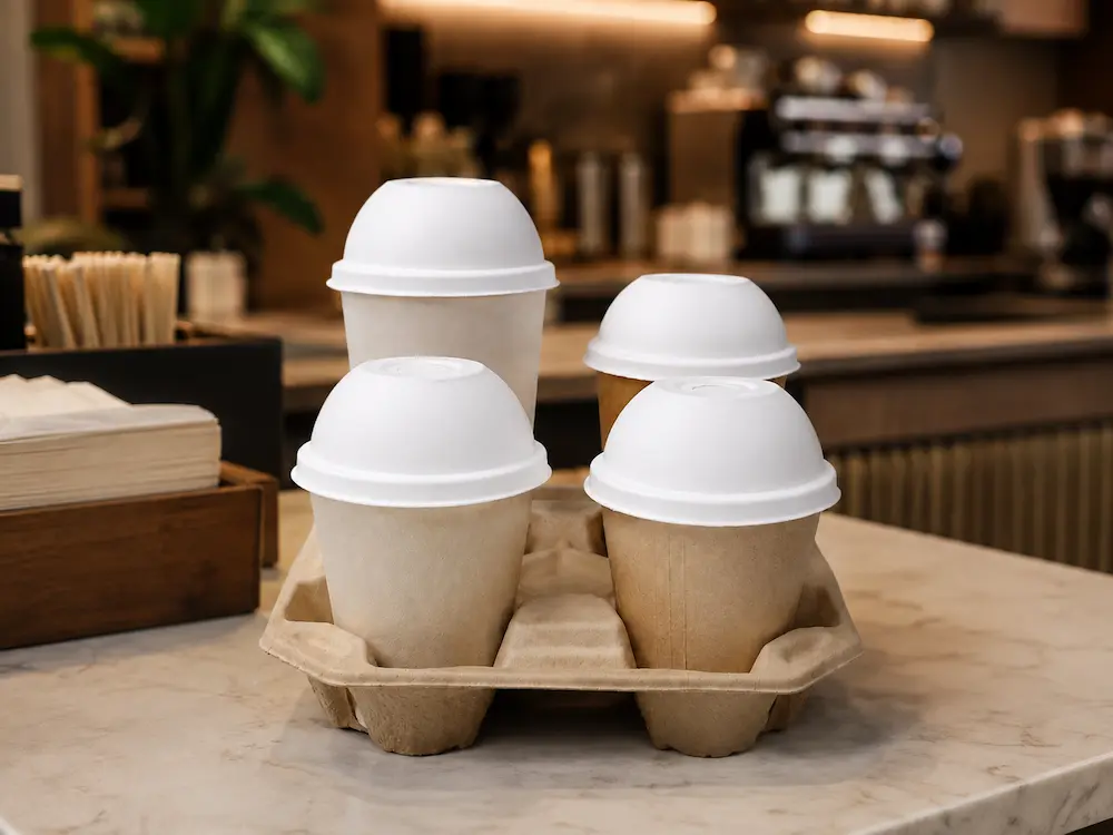 White 90mm molded fiber cold cup dome lids fitted to takeaway cups in a café drink carrier