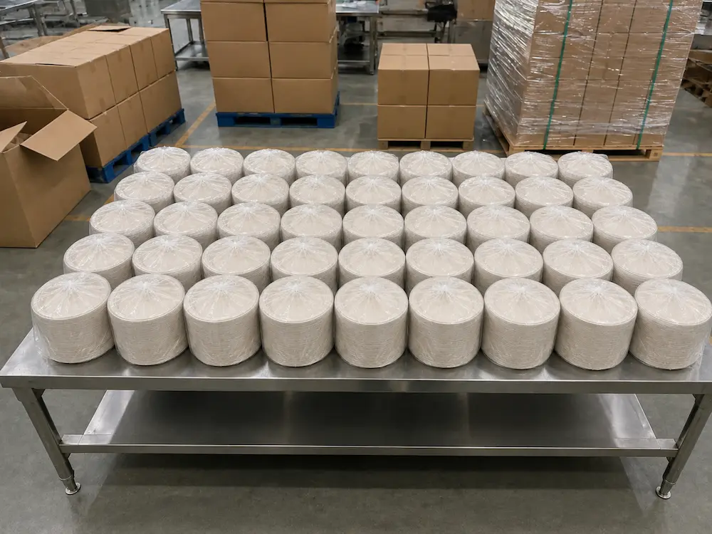 Factory packing scene showing nested 6-Inch Sugarcane Bagasse Round Plates in uniform stacks individually wrapped in transparent PE bags