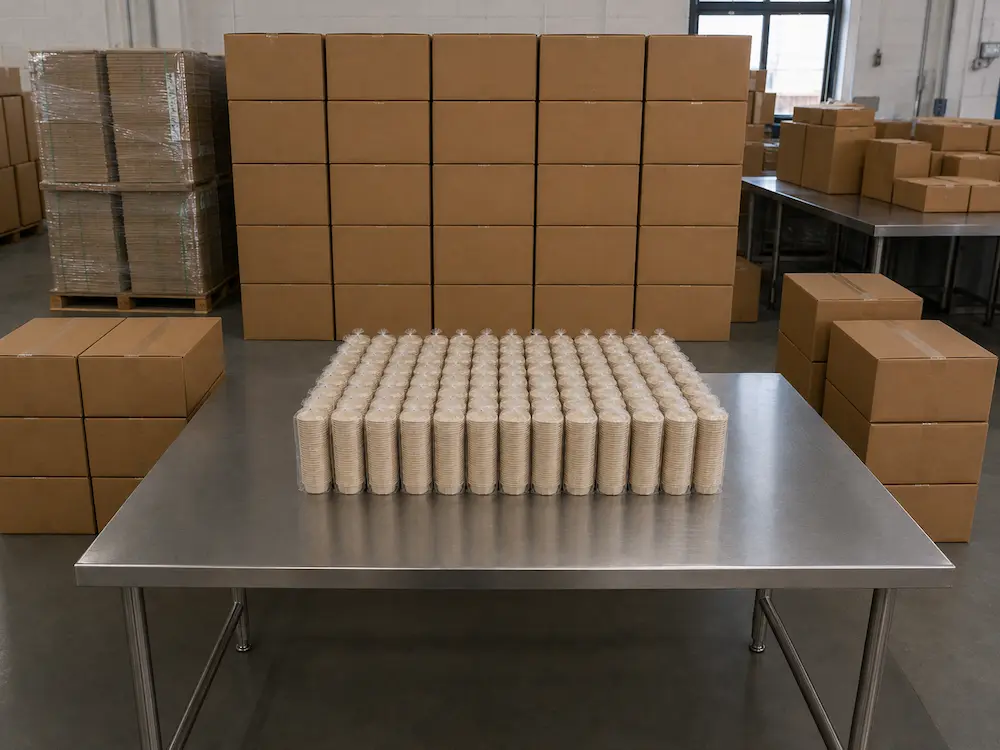 Multiple PE-bagged stacks of natural-color 1oz Molded Fiber Sauce Cups arranged on a stainless-steel factory table with cartons and palletized inventory in the background