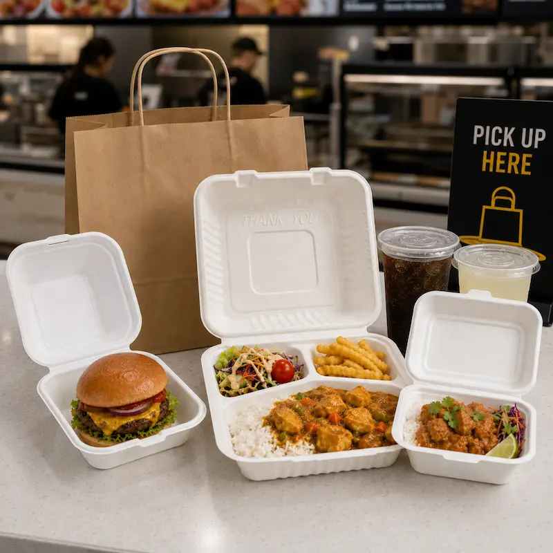 Molded pulp clamshell packaging for catering and food brands