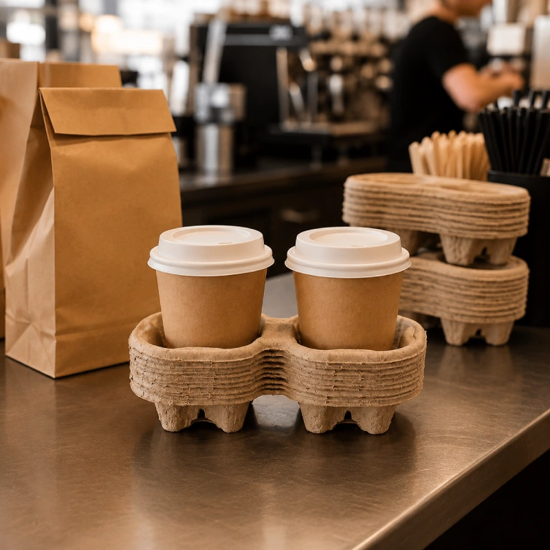 Standard molded pulp drink carriers for coffee shops and cafes