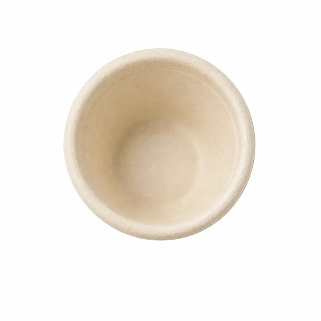 Top view of a natural-color 2oz Molded Fiber Sauce Cup showing its round inner serving area, continuous flanged rim, and smooth molded-fiber interior