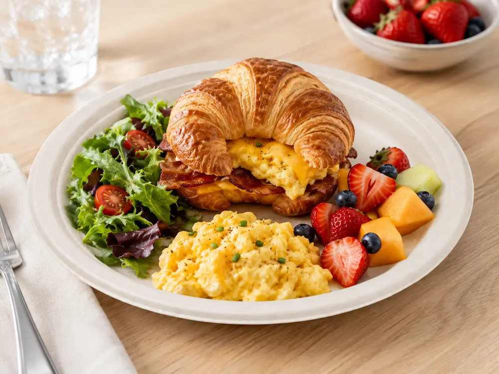 Natural-color 10-Inch Sugarcane Bagasse Round Plate serving a croissant breakfast sandwich, scrambled eggs, mixed salad, and fresh fruit