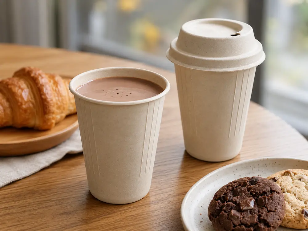 Natural-color 8oz Molded Fiber Cups serving a hot beverage in a café setting, with one open cup and one cup fitted with an optional molded fiber lid
