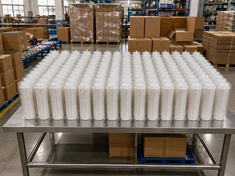 Nested stacks of white 90mm triangle-design molded fiber hot cup lids packed in clear PE bags at the factory