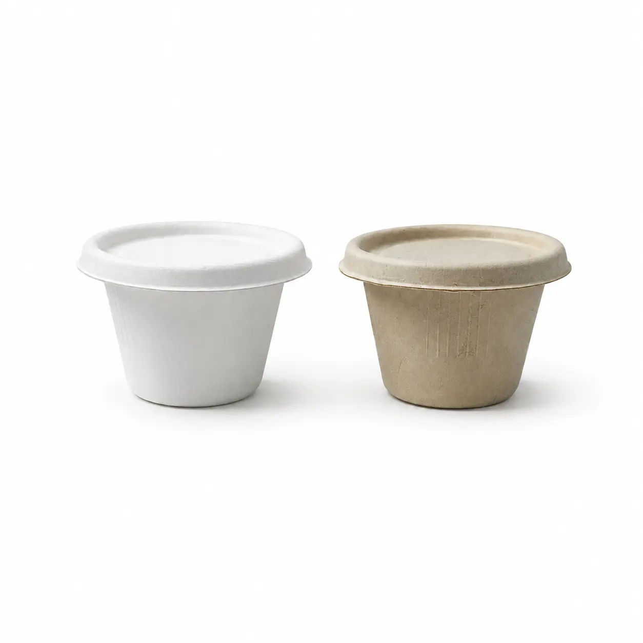 4oz Molded Fiber Cup White and Natural Lid Options White and natural-color 4oz Molded Fiber Cups displayed with matching molded fiber lids, tapered sidewalls, flanged rims, and vertical reinforcing details