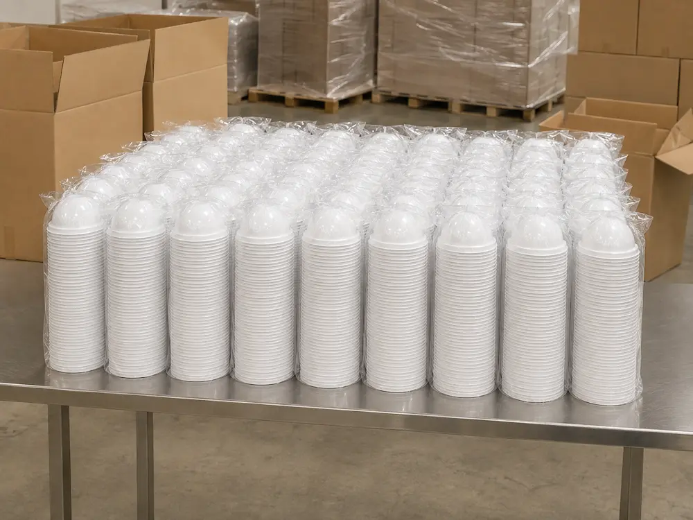 Nested stacks of white 90mm molded fiber cold cup dome lids packed in clear PE bags at the factory