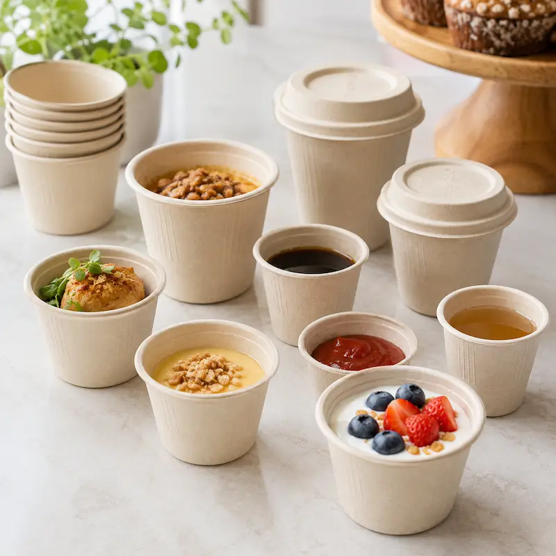 Molded fiber cups and compostable lids for sustainable beverage packaging
