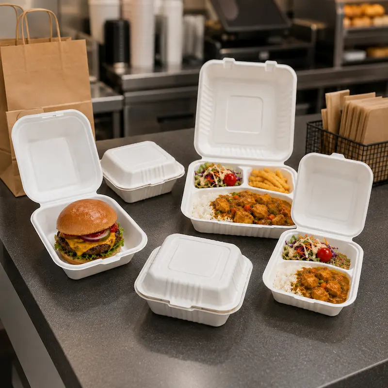 Molded pulp clamshell containers for food delivery packaging