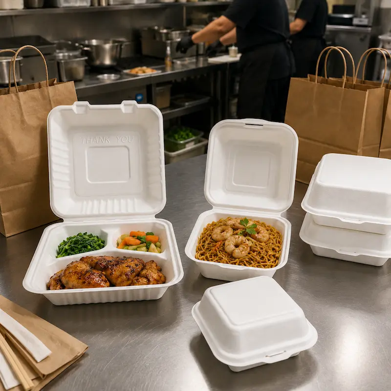 Molded pulp clamshell packaging for fast food chains