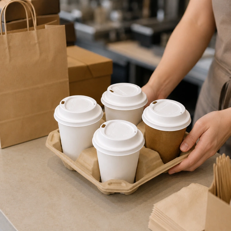 Premium molded pulp drink carriers for coffee chains and beverage brands
